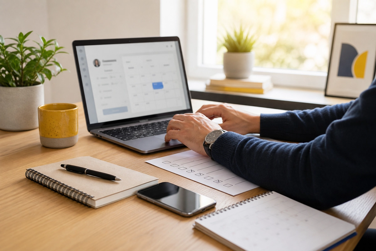 Desk setup for booking a practical Pixel Peak first call