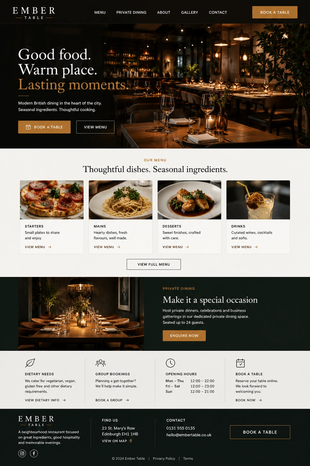 Ember Table restaurant website proof board