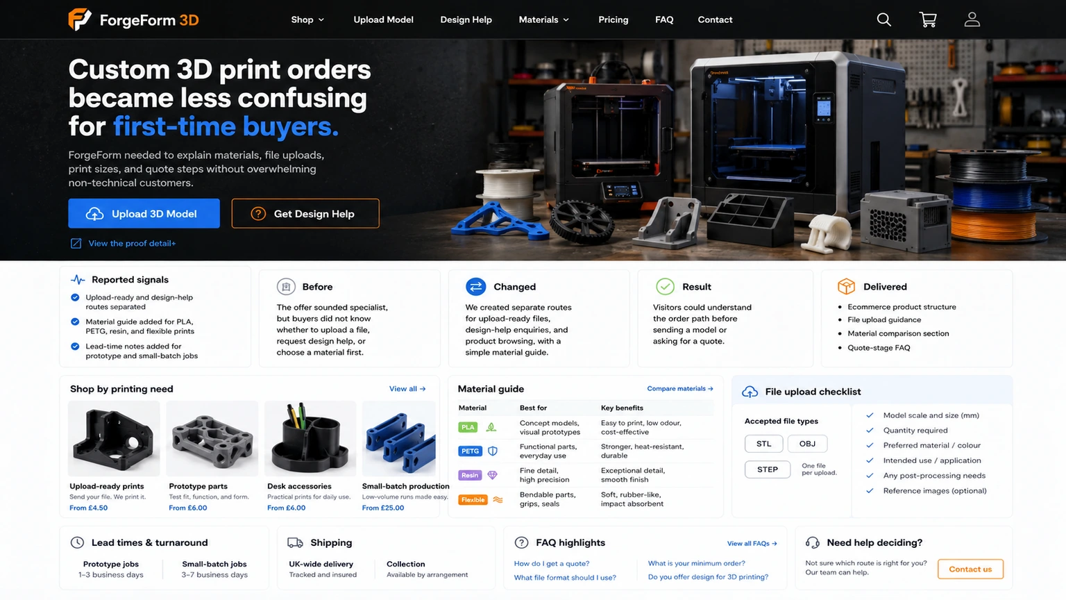 ForgeForm 3D ecommerce website proof board